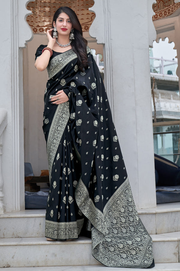 Sonorous Black Soft Silk Saree With Super Designer Blouse Piece