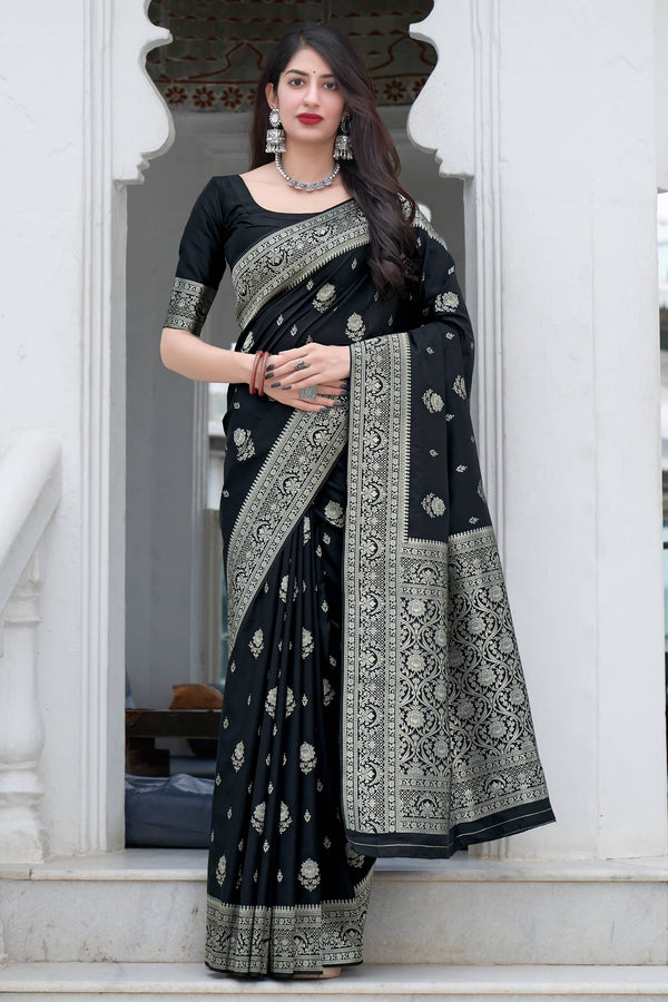 Sonorous Black Soft Silk Saree With Super Designer Blouse Piece