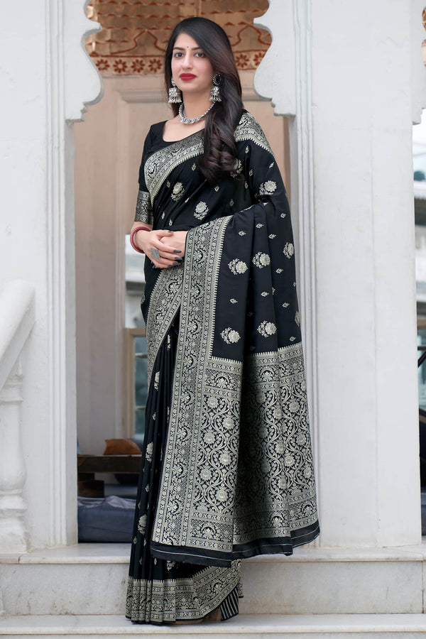 Sonorous Black Soft Silk Saree With Super Designer Blouse Piece