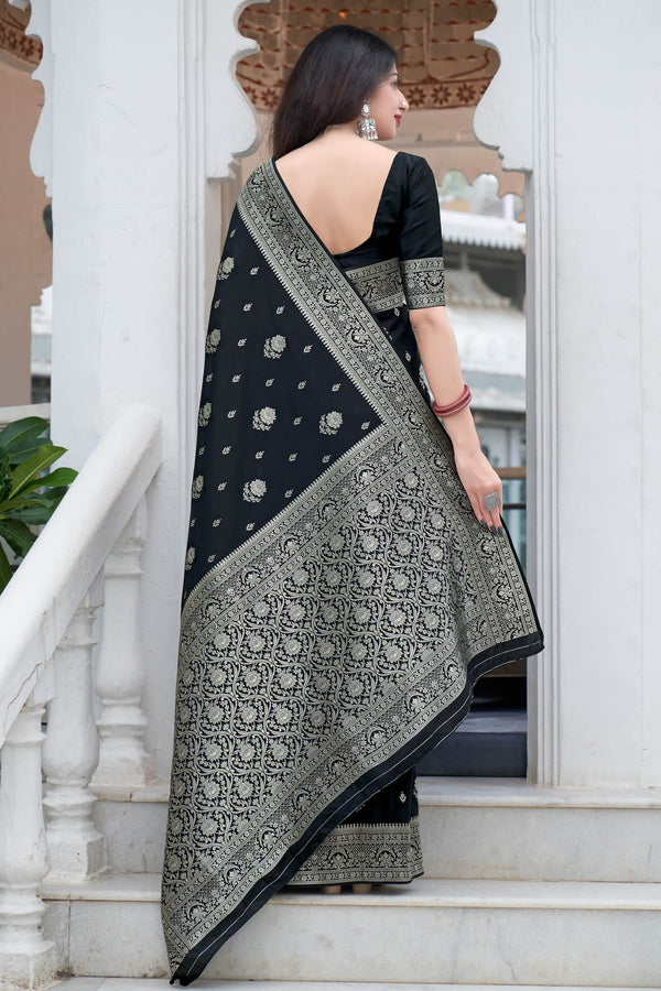 Sonorous Black Soft Silk Saree With Super Designer Blouse Piece