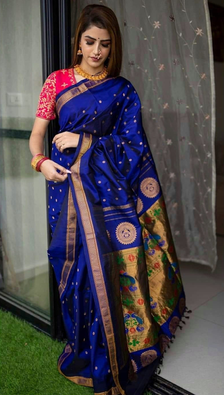 Ephemeral Royal Blue Paithani Silk Saree With Intricate Blouse Piece