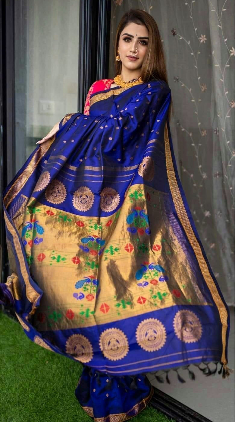 Ephemeral Royal Blue Paithani Silk Saree With Intricate Blouse Piece