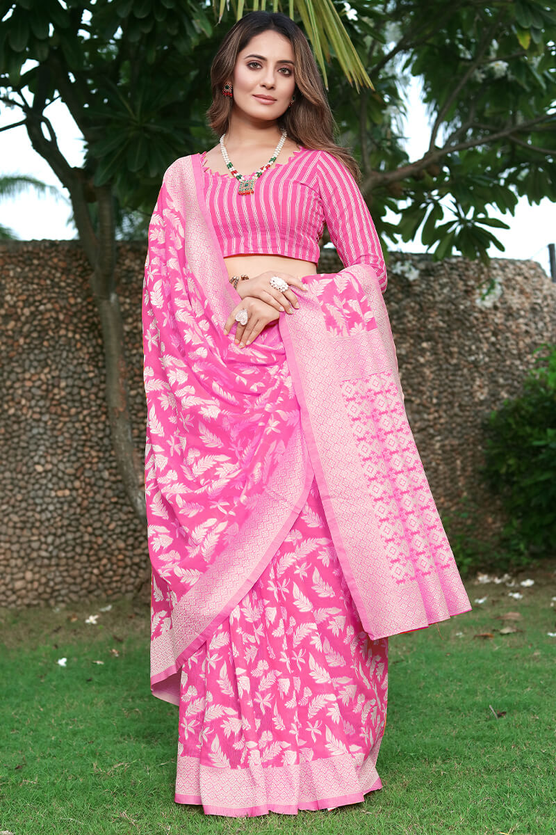 Twirling Dark Pink Cotton Silk Saree With Wonderful Blouse Piece