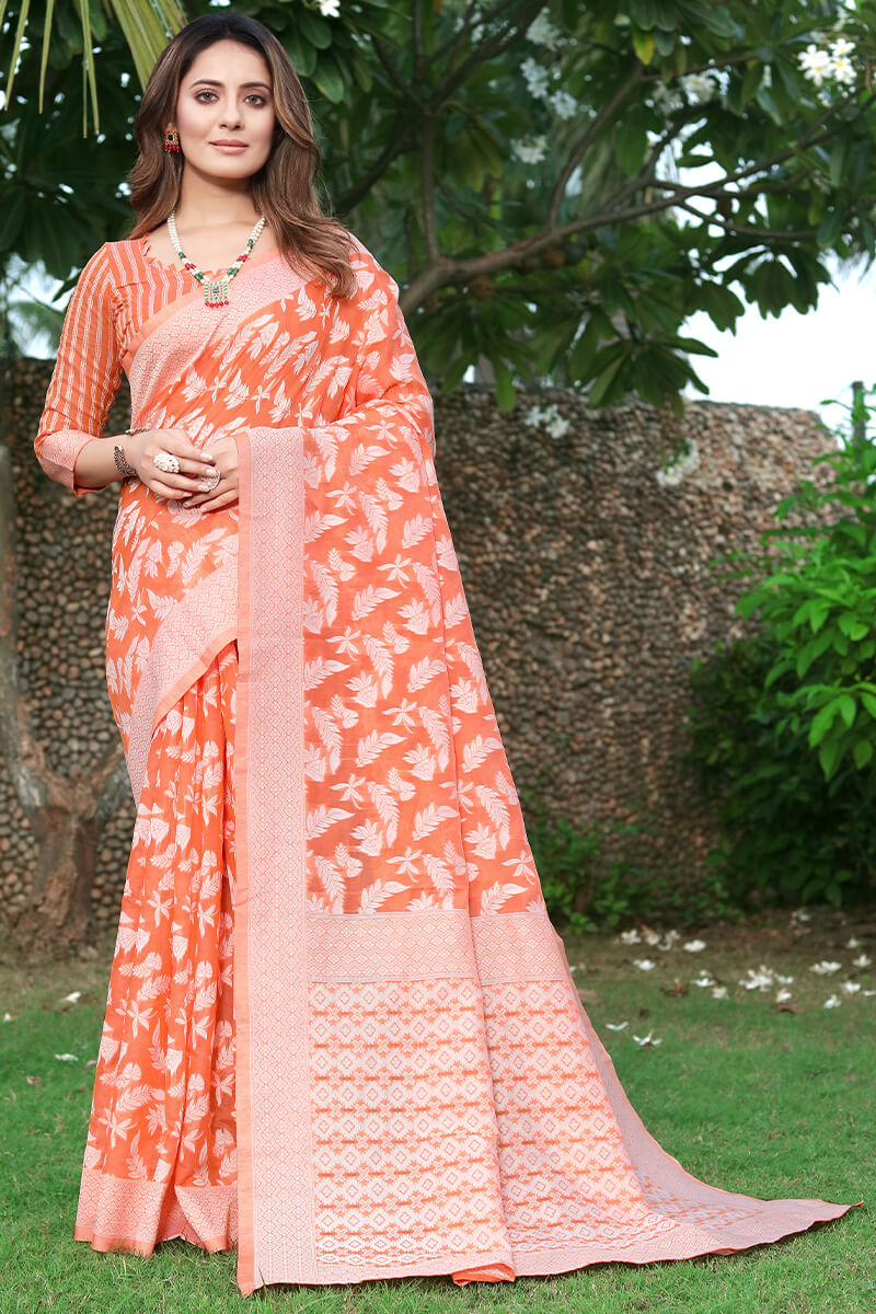 Radiant Orange Cotton Silk Saree With Devastating Blouse Piece