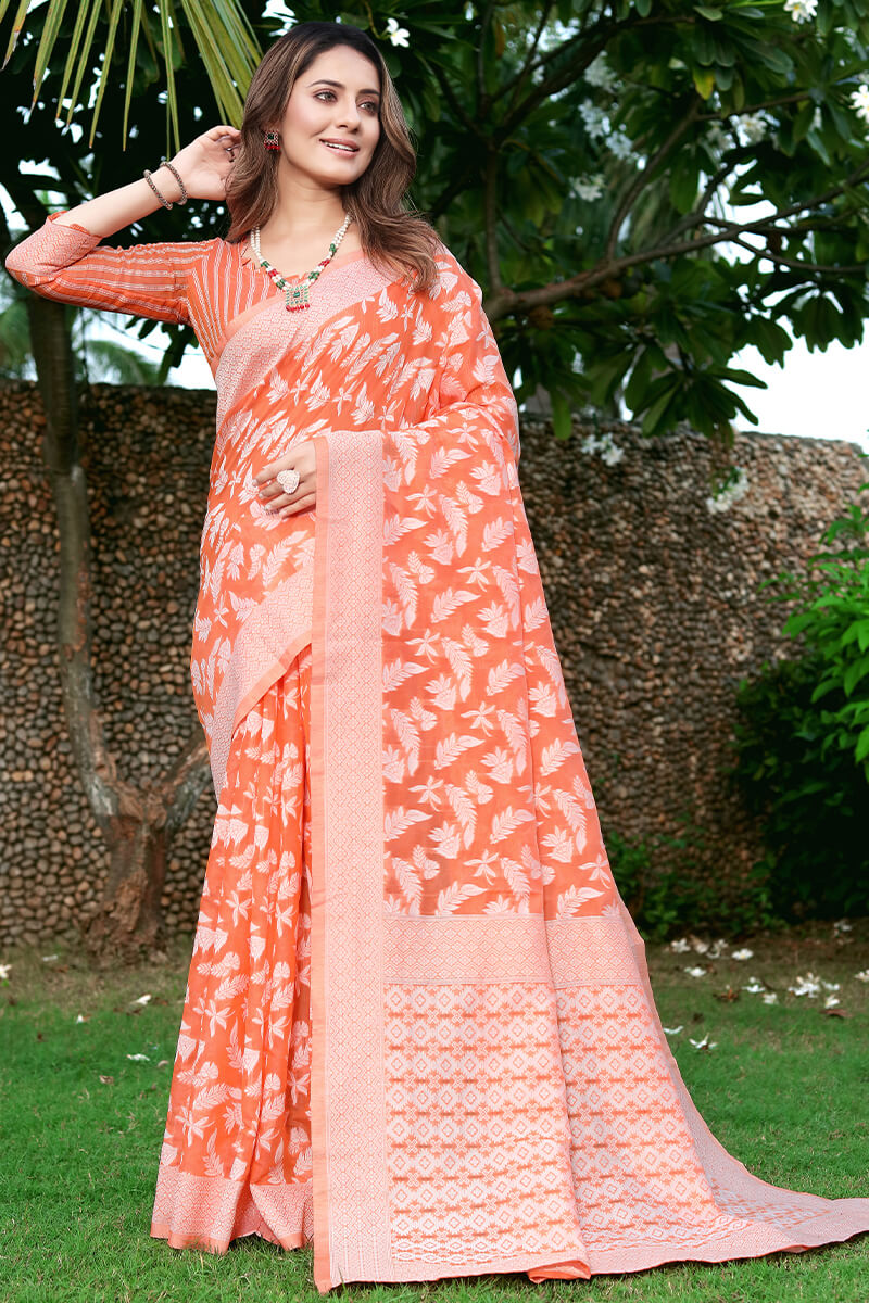 Radiant Orange Cotton Silk Saree With Devastating Blouse Piece