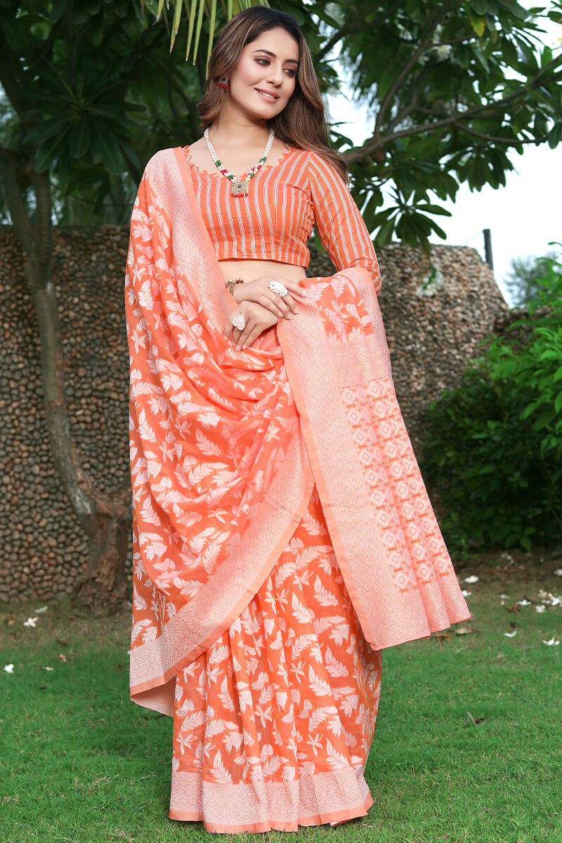 Radiant Orange Cotton Silk Saree With Devastating Blouse Piece