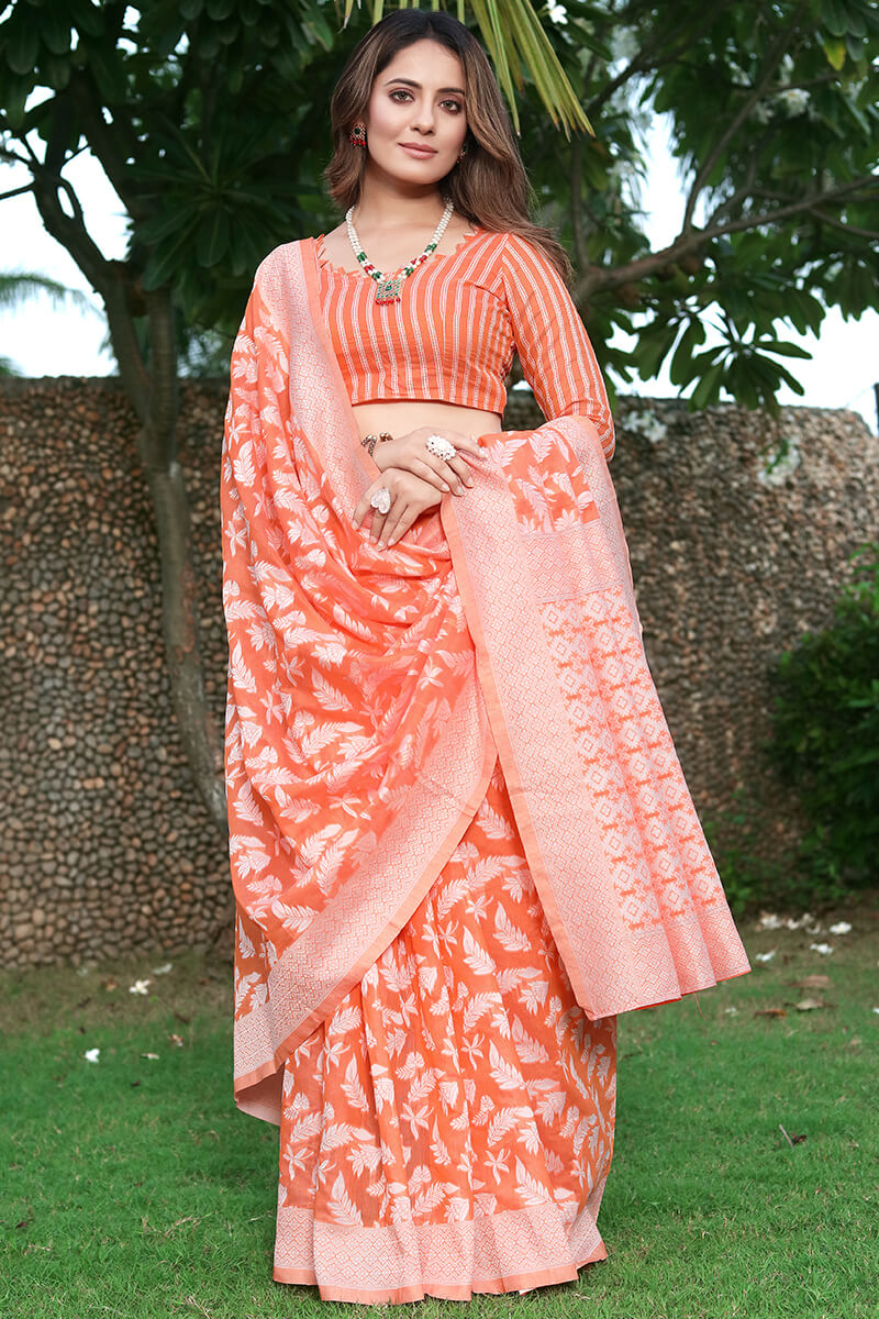 Radiant Orange Cotton Silk Saree With Devastating Blouse Piece