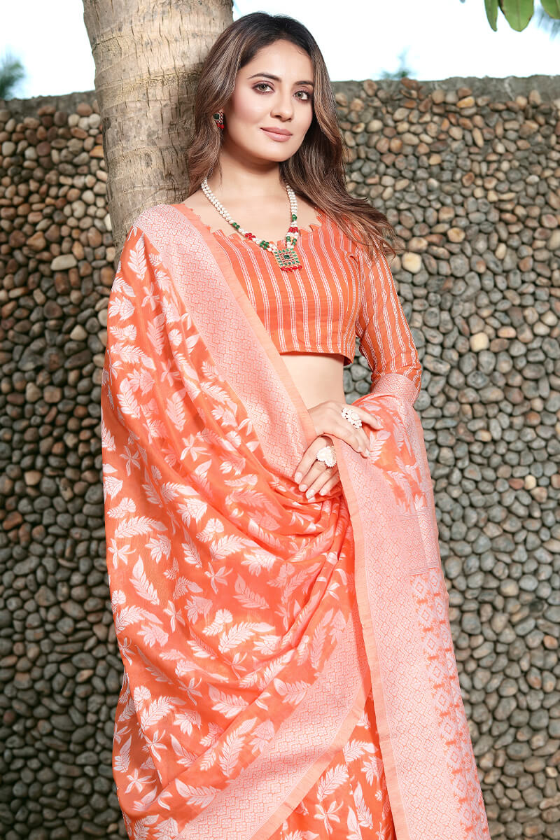 Radiant Orange Cotton Silk Saree With Devastating Blouse Piece