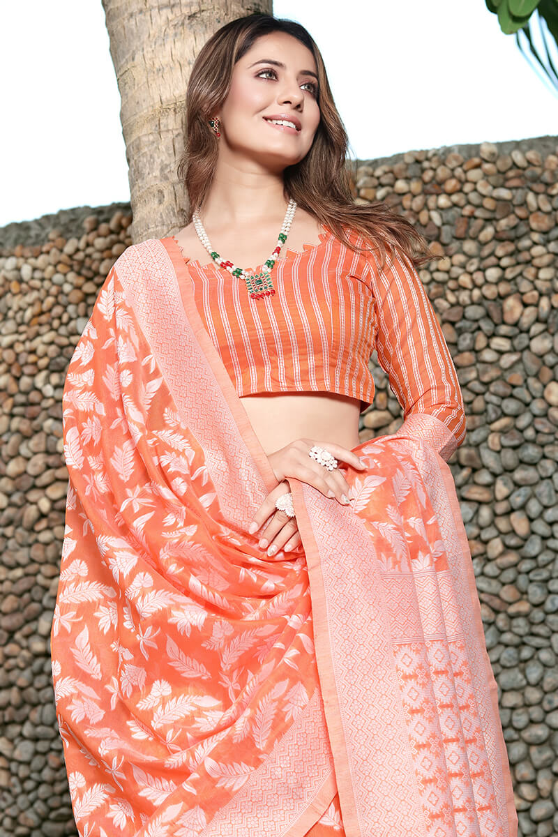 Radiant Orange Cotton Silk Saree With Devastating Blouse Piece