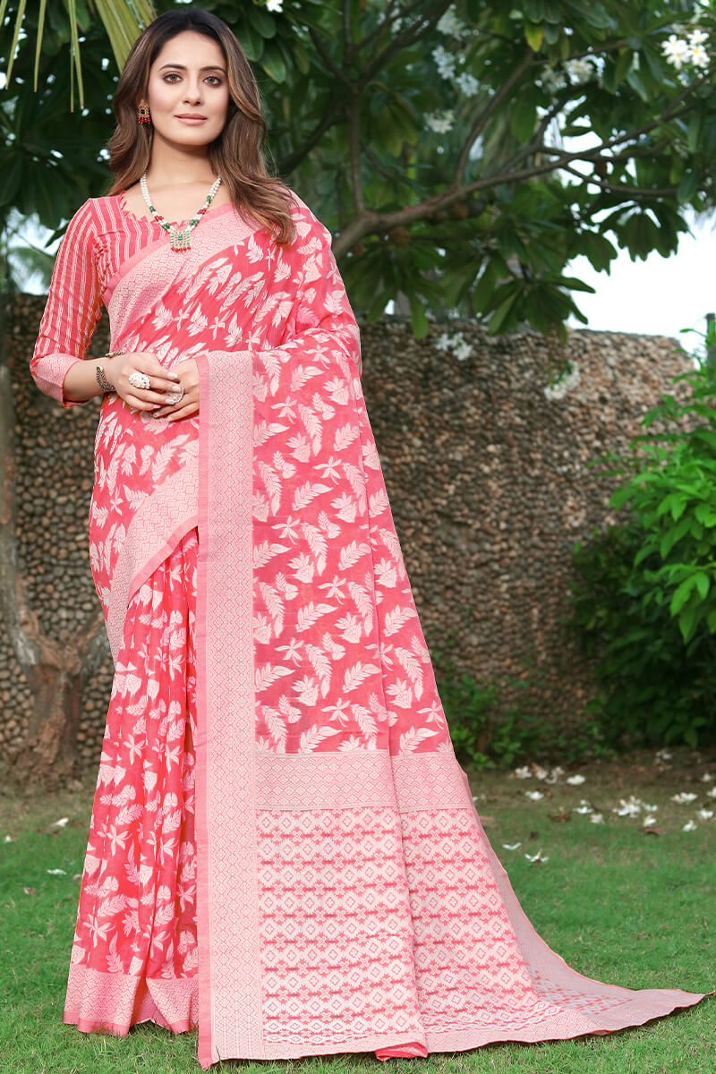 Breathtaking Pink Cotton Silk Saree With Delectable Blouse Piece