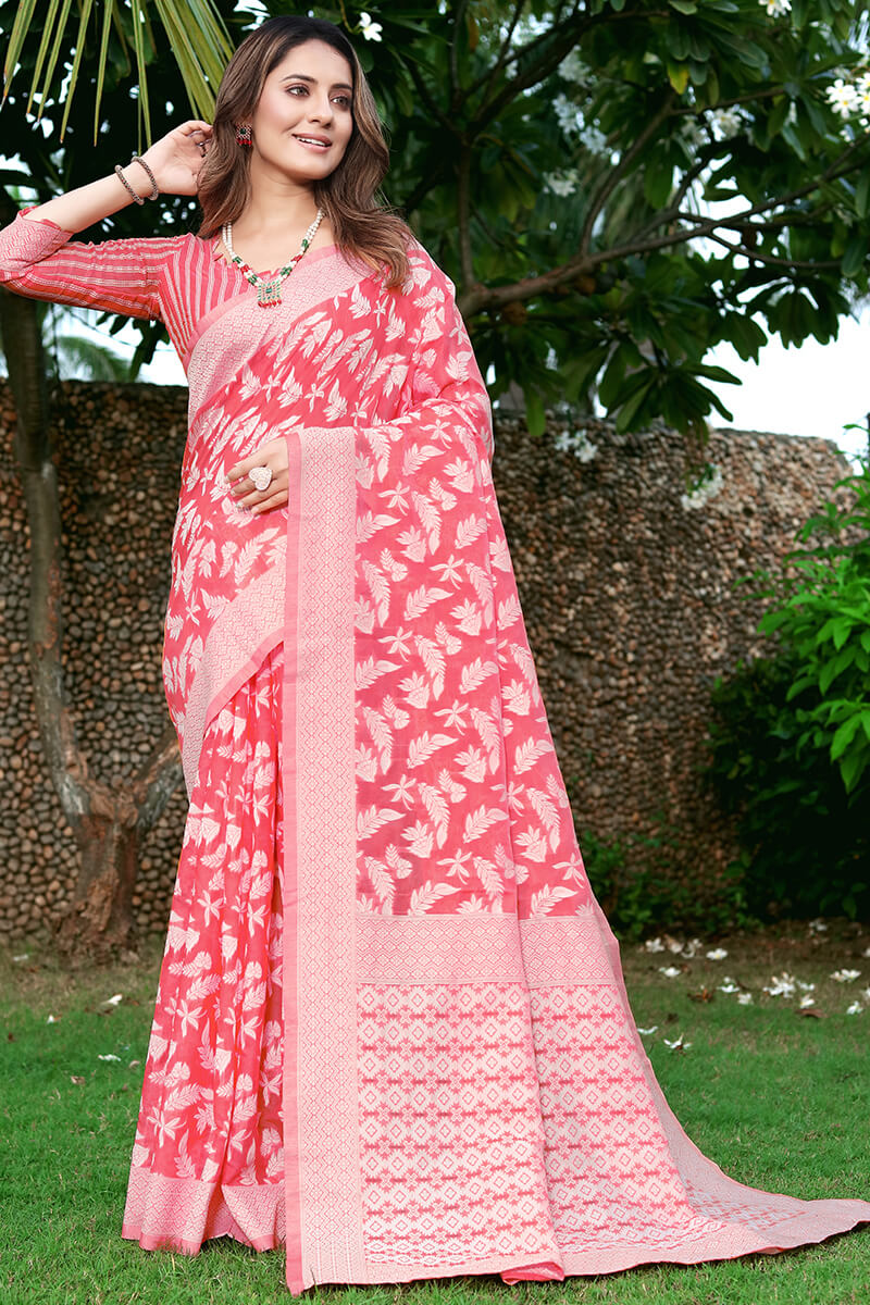 Breathtaking Pink Cotton Silk Saree With Delectable Blouse Piece