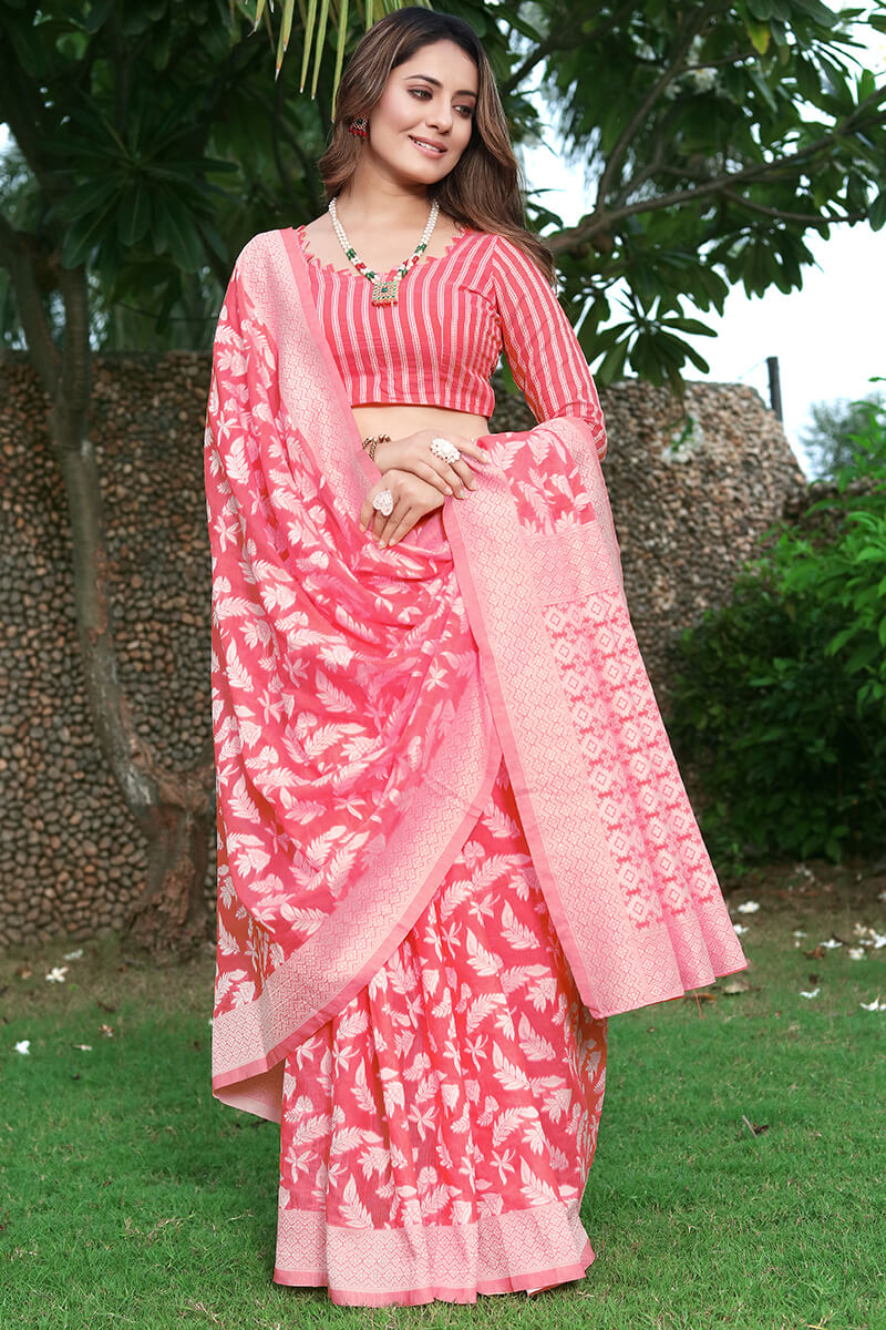 Breathtaking Pink Cotton Silk Saree With Delectable Blouse Piece