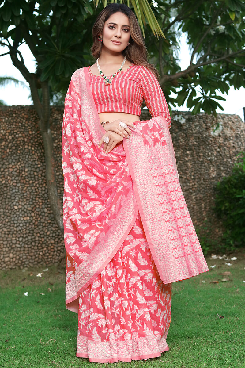 Breathtaking Pink Cotton Silk Saree With Delectable Blouse Piece