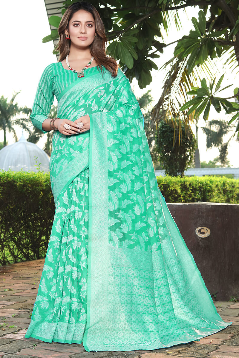 Jazzy Sea Green Cotton Silk Saree With Alluring Blouse Piece