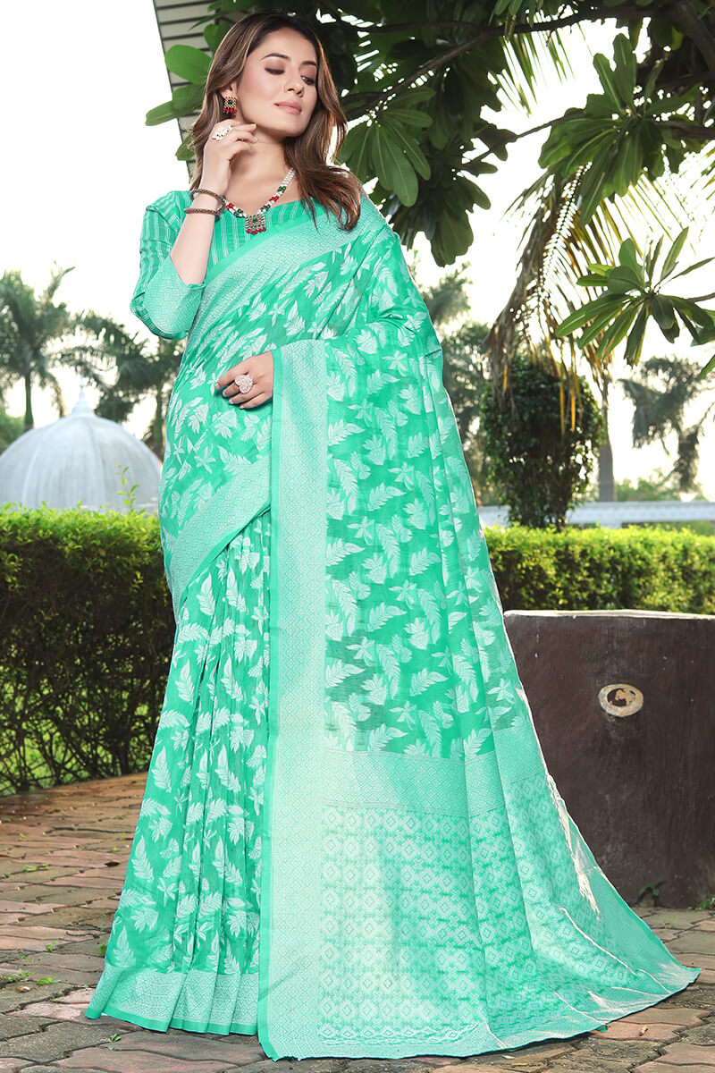 Jazzy Sea Green Cotton Silk Saree With Alluring Blouse Piece