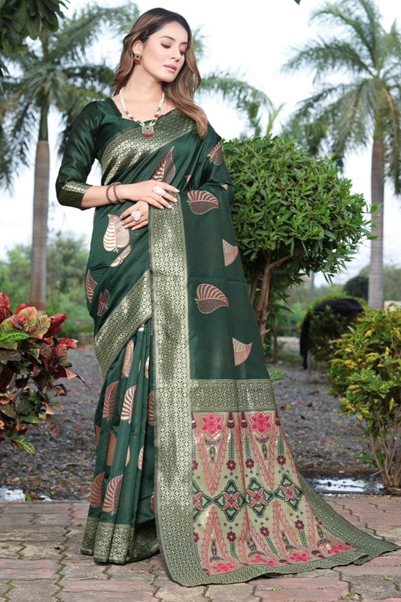 Intricate Dark Green Soft Banarasi Silk Saree With Trendy Blouse Piece