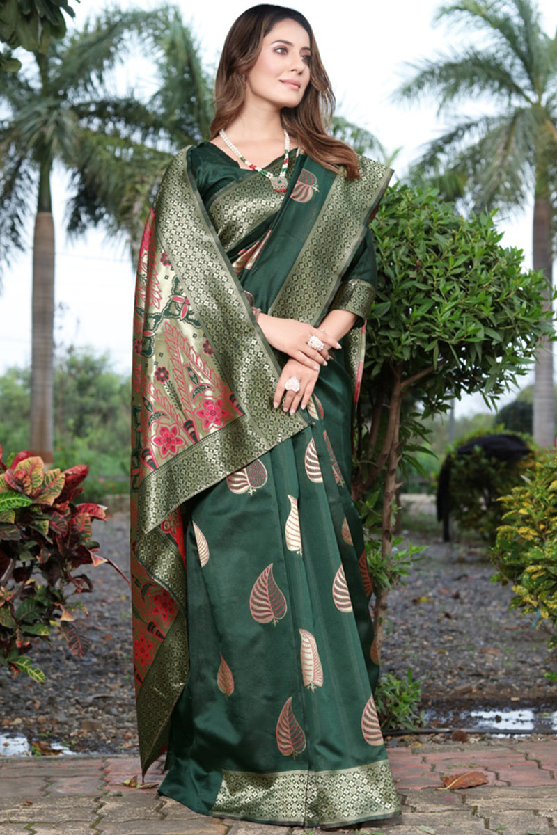 Intricate Dark Green Soft Banarasi Silk Saree With Trendy Blouse Piece