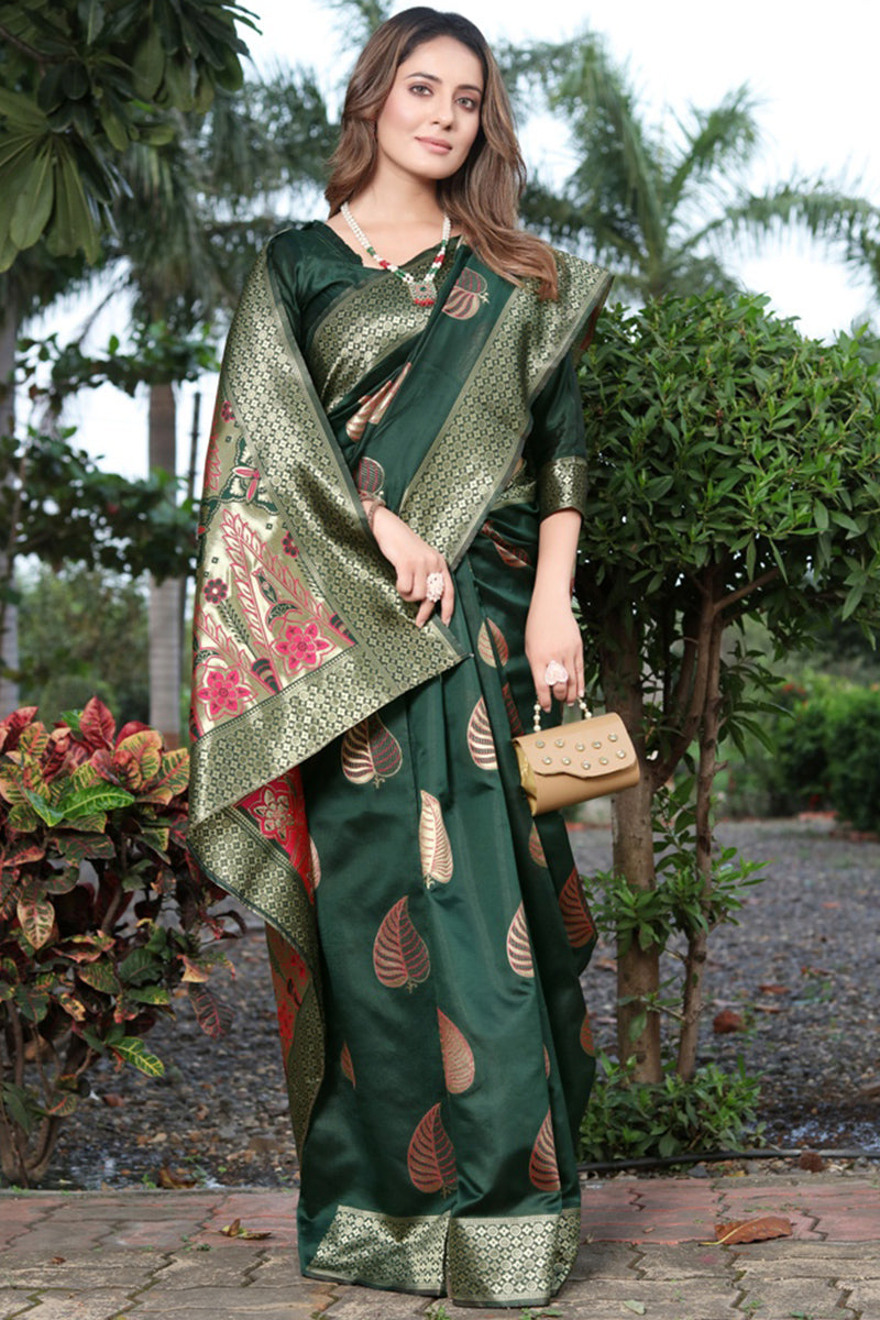 Intricate Dark Green Soft Banarasi Silk Saree With Trendy Blouse Piece