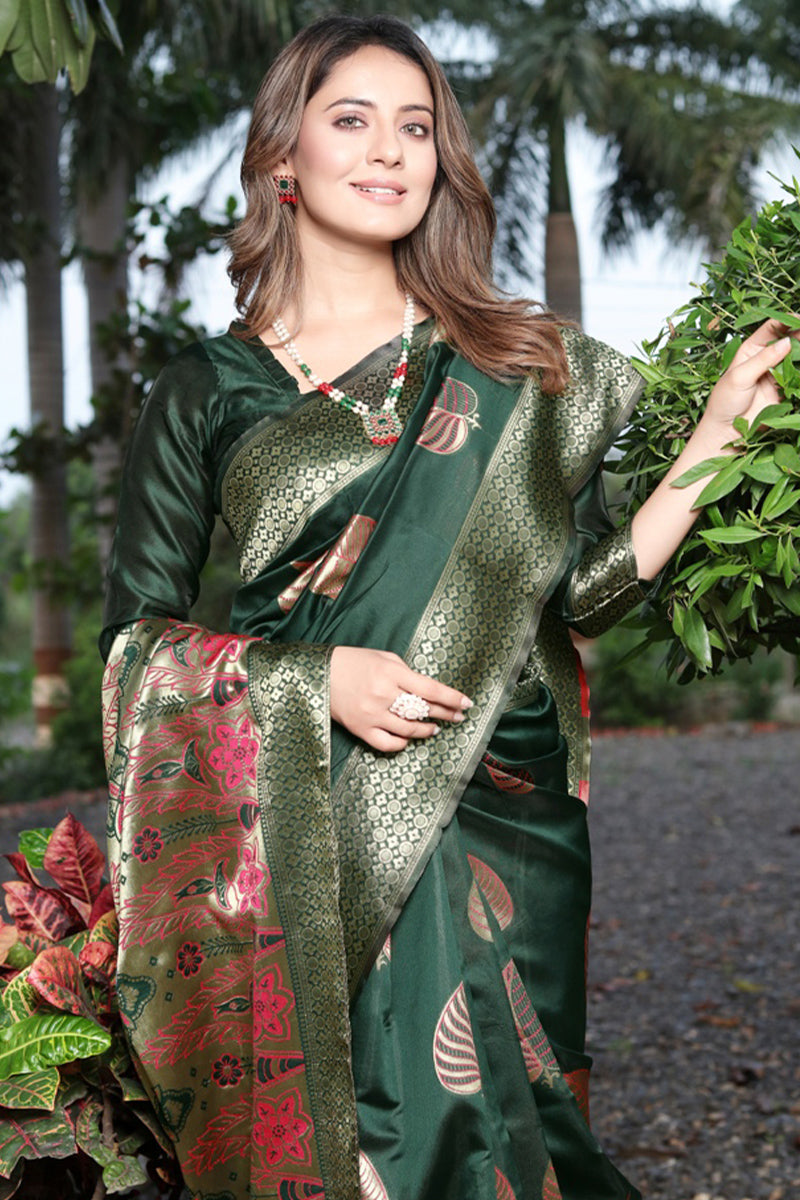 Intricate Dark Green Soft Banarasi Silk Saree With Trendy Blouse Piece