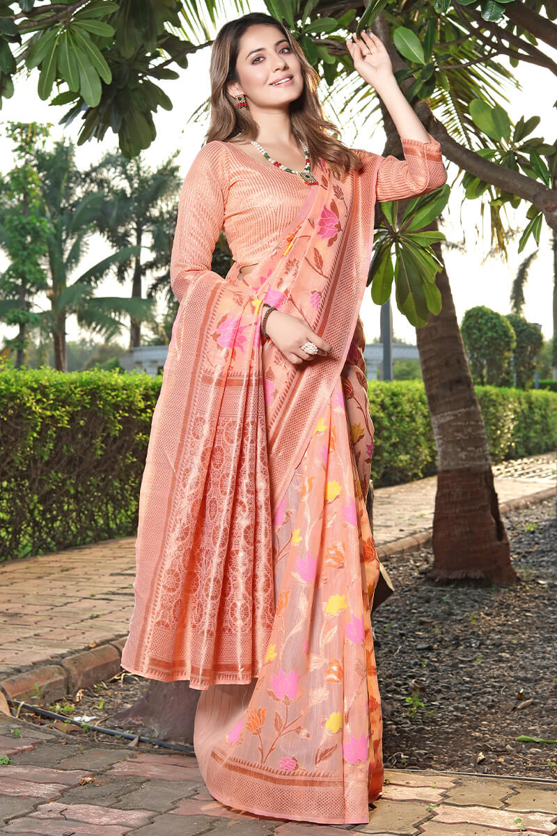 Deserving Peach Pashmina saree With Transcendent Blouse Piece