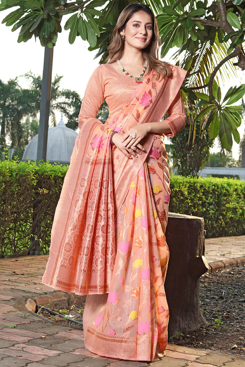 Deserving Peach Pashmina saree With Transcendent Blouse Piece