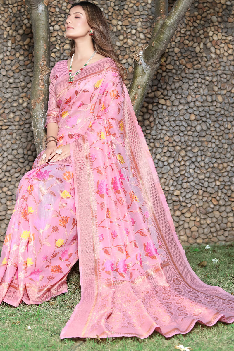 Gratifying Pink Pashmina saree With Imaginative Blouse Piece