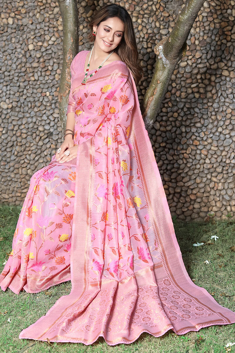 Gratifying Pink Pashmina saree With Imaginative Blouse Piece