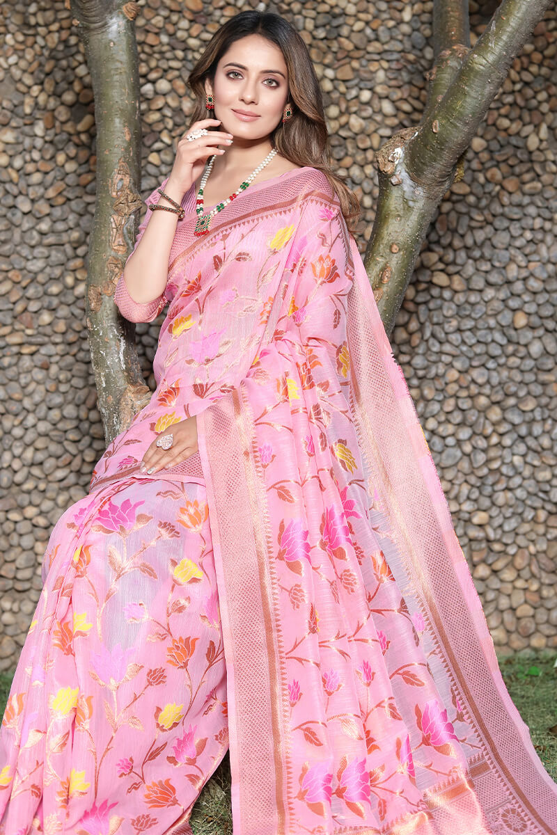 Gratifying Pink Pashmina saree With Imaginative Blouse Piece