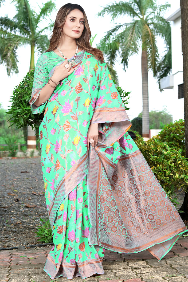 Sensational Sea Green Pashmina saree With Woebegone Blouse Piece