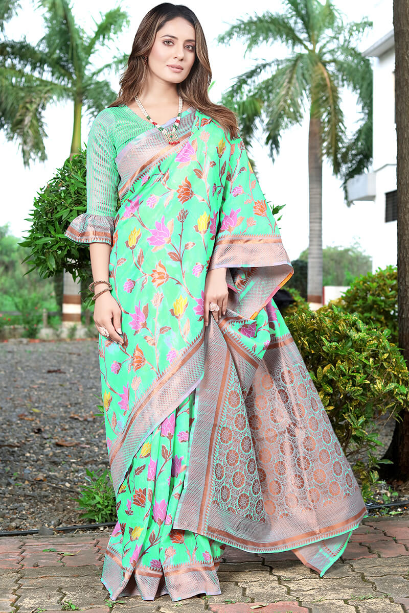 Sensational Sea Green Pashmina saree With Woebegone Blouse Piece