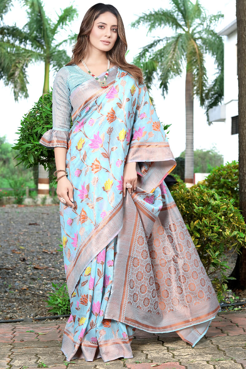 Sophisticated Sky Pashmina saree With Snappy Blouse Piece