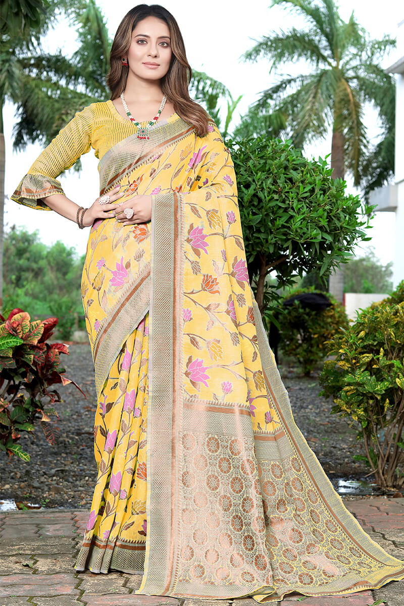 Amazing Yellow Pashmina saree With Fantabulous Blouse Piece