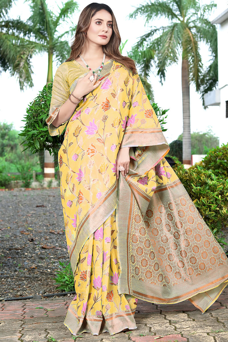 Amazing Yellow Pashmina saree With Fantabulous Blouse Piece