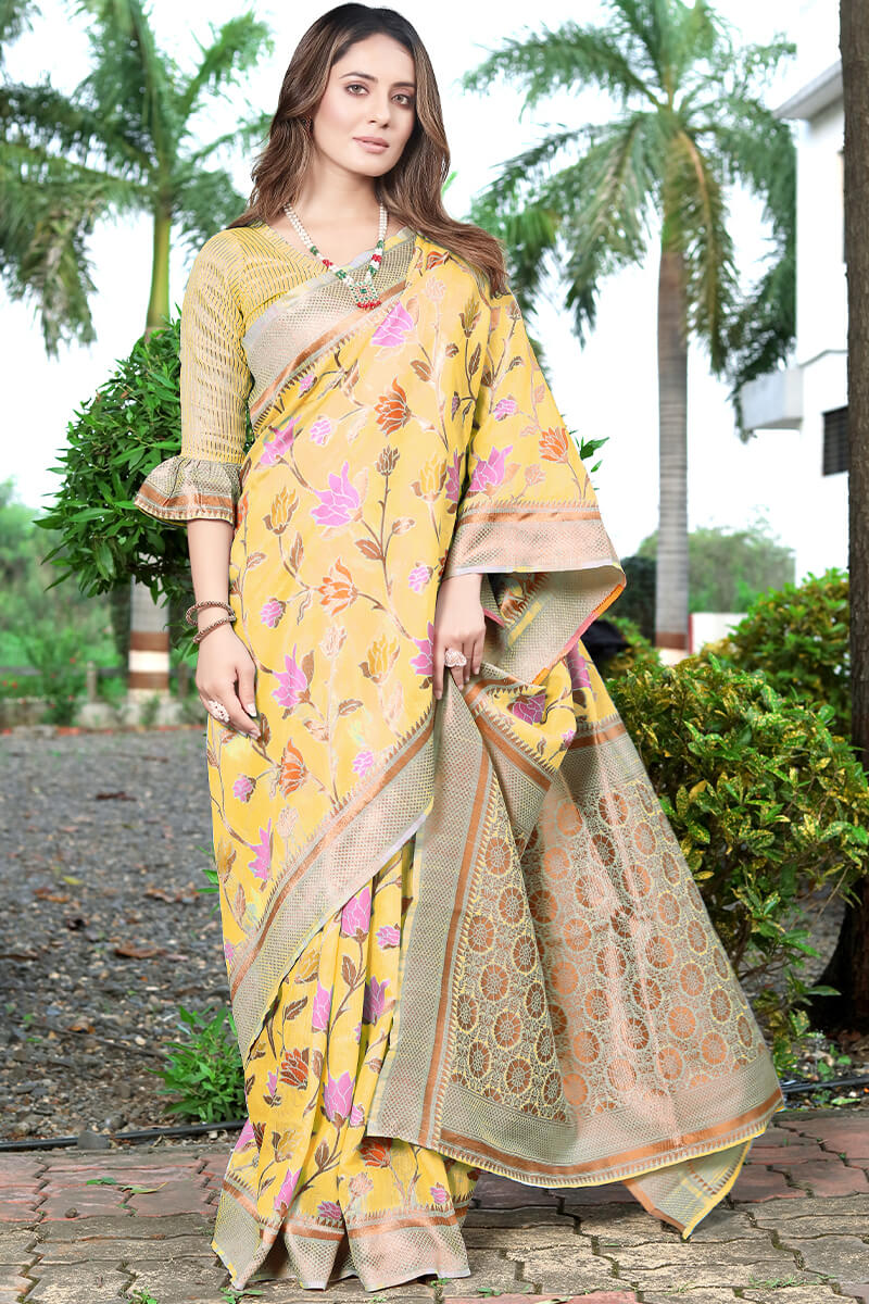 Amazing Yellow Pashmina saree With Fantabulous Blouse Piece