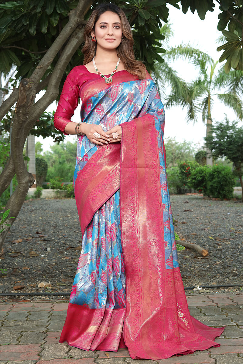 Trendy Sky Kanjivaram Silk Saree With Vestigial Blouse Piece