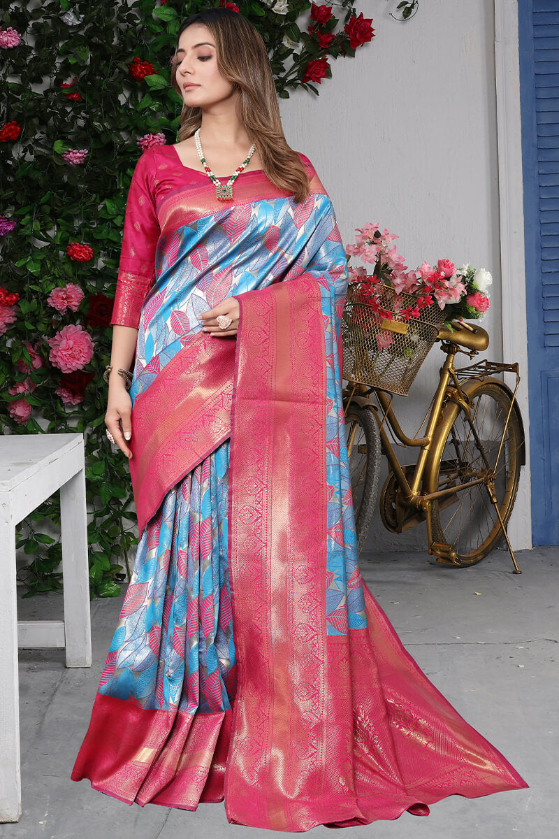 Trendy Sky Kanjivaram Silk Saree With Vestigial Blouse Piece