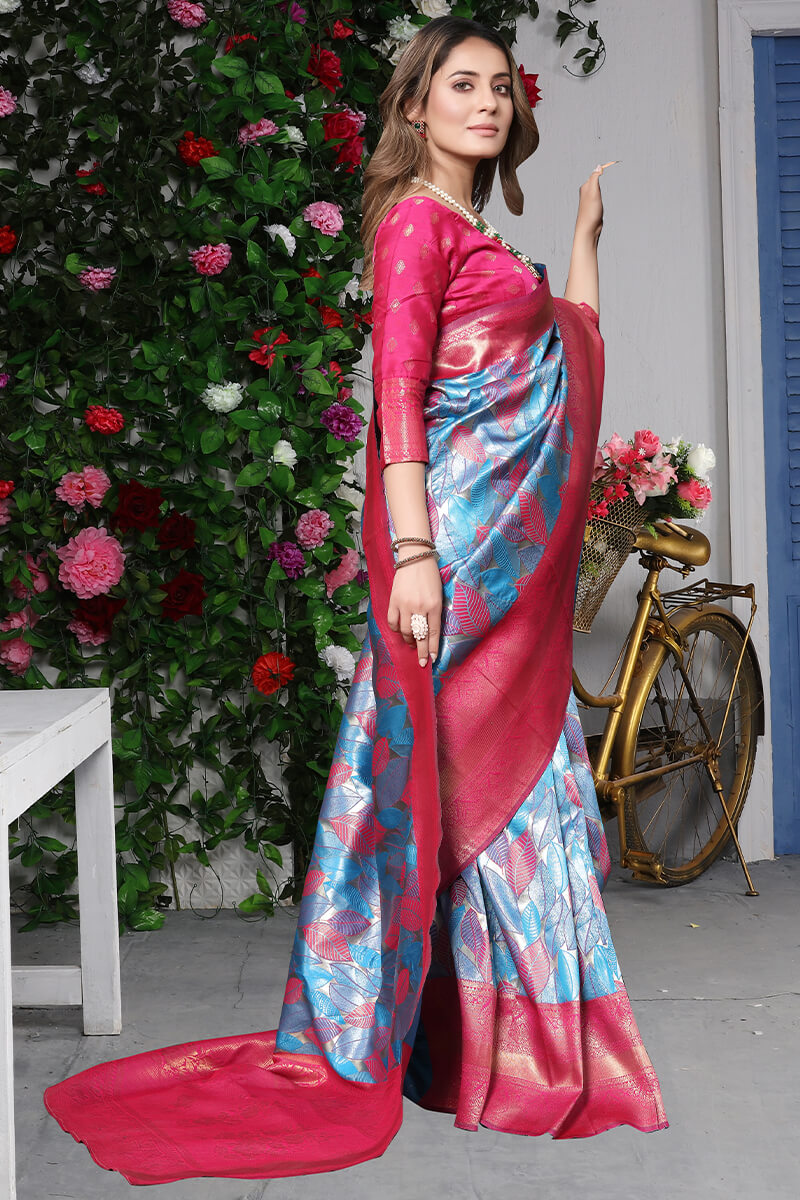 Trendy Sky Kanjivaram Silk Saree With Vestigial Blouse Piece