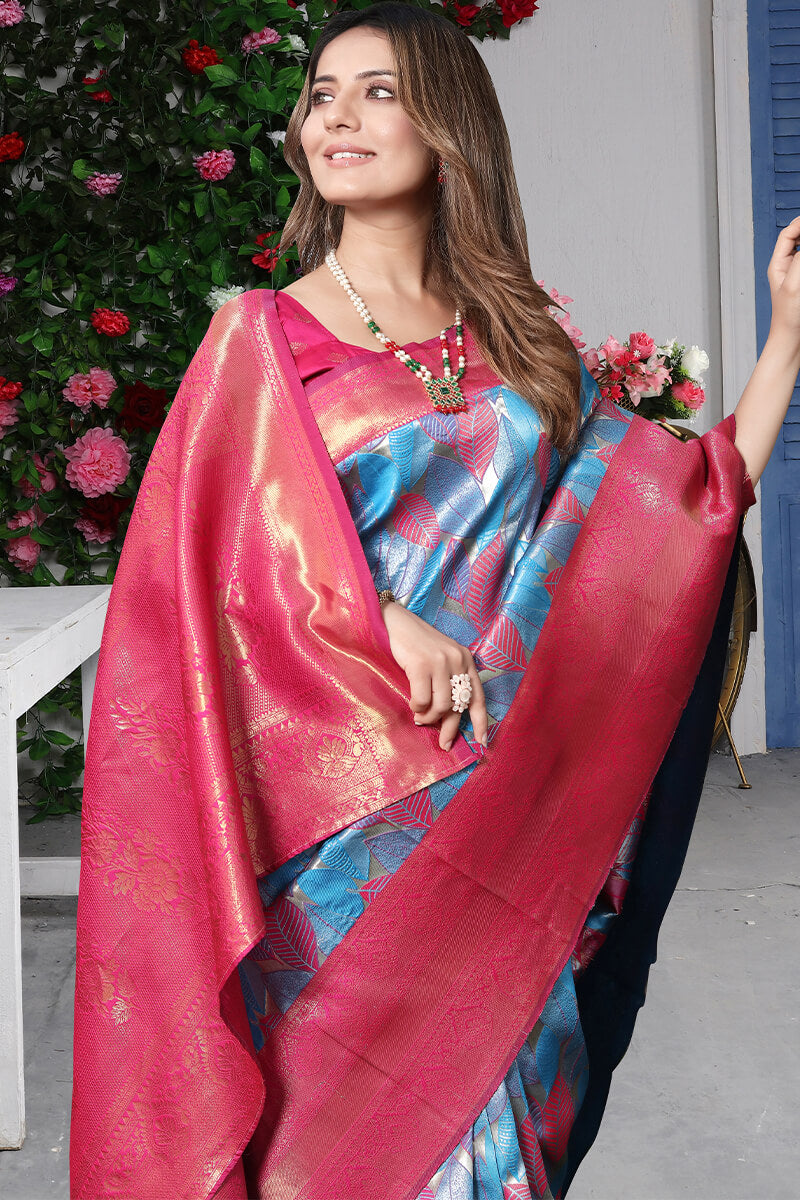 Trendy Sky Kanjivaram Silk Saree With Vestigial Blouse Piece