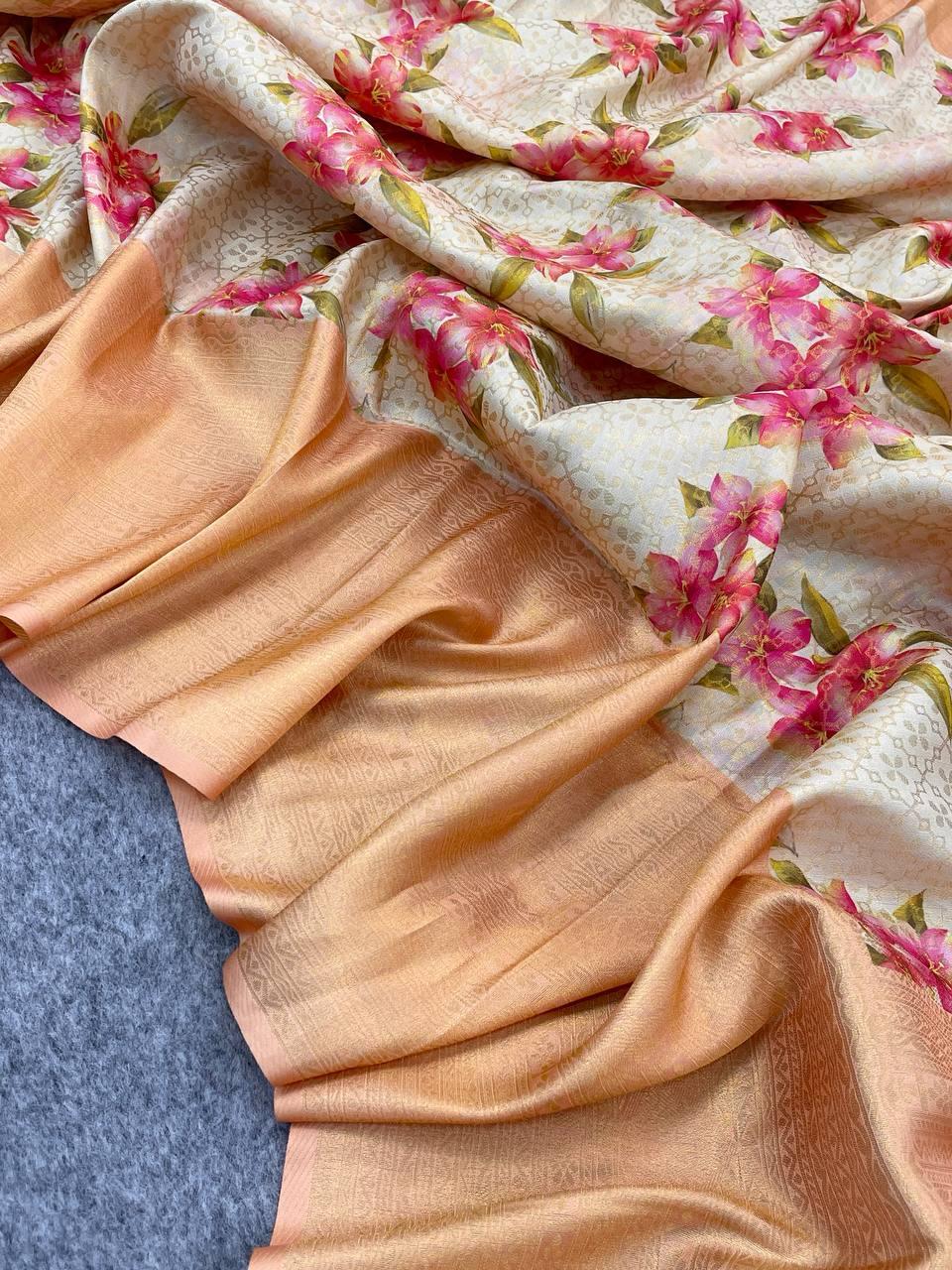 Vestigial Beige Digital Printed Soft Silk Saree With Enamoring Blouse Piece