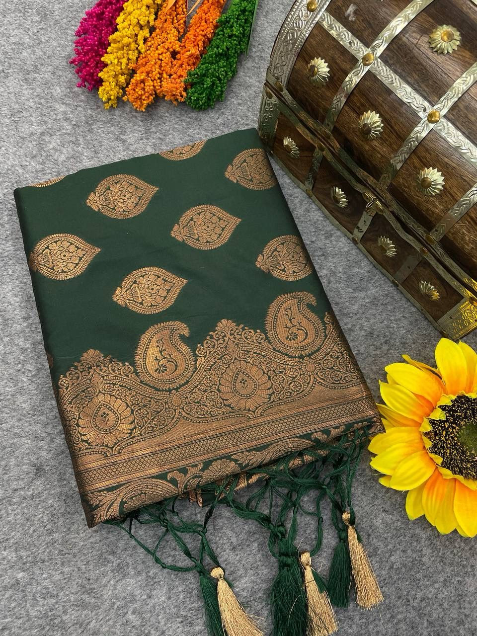 Bucolic Dark Green Soft Banarasi Silk Saree With Vibrant Blouse Piece