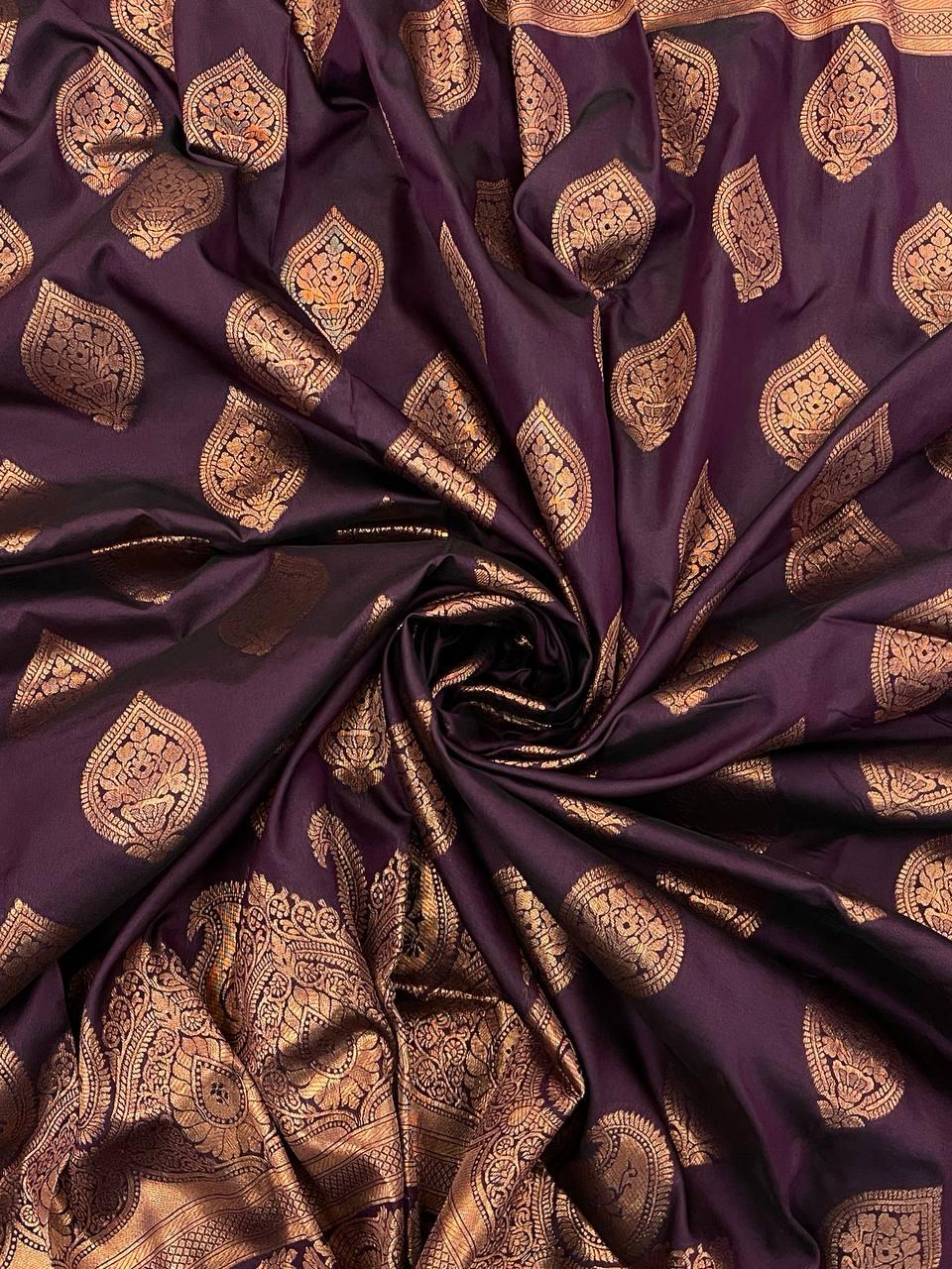 Diaphanous Wine Soft Banarasi Silk Saree With Fragrant Blouse Piece