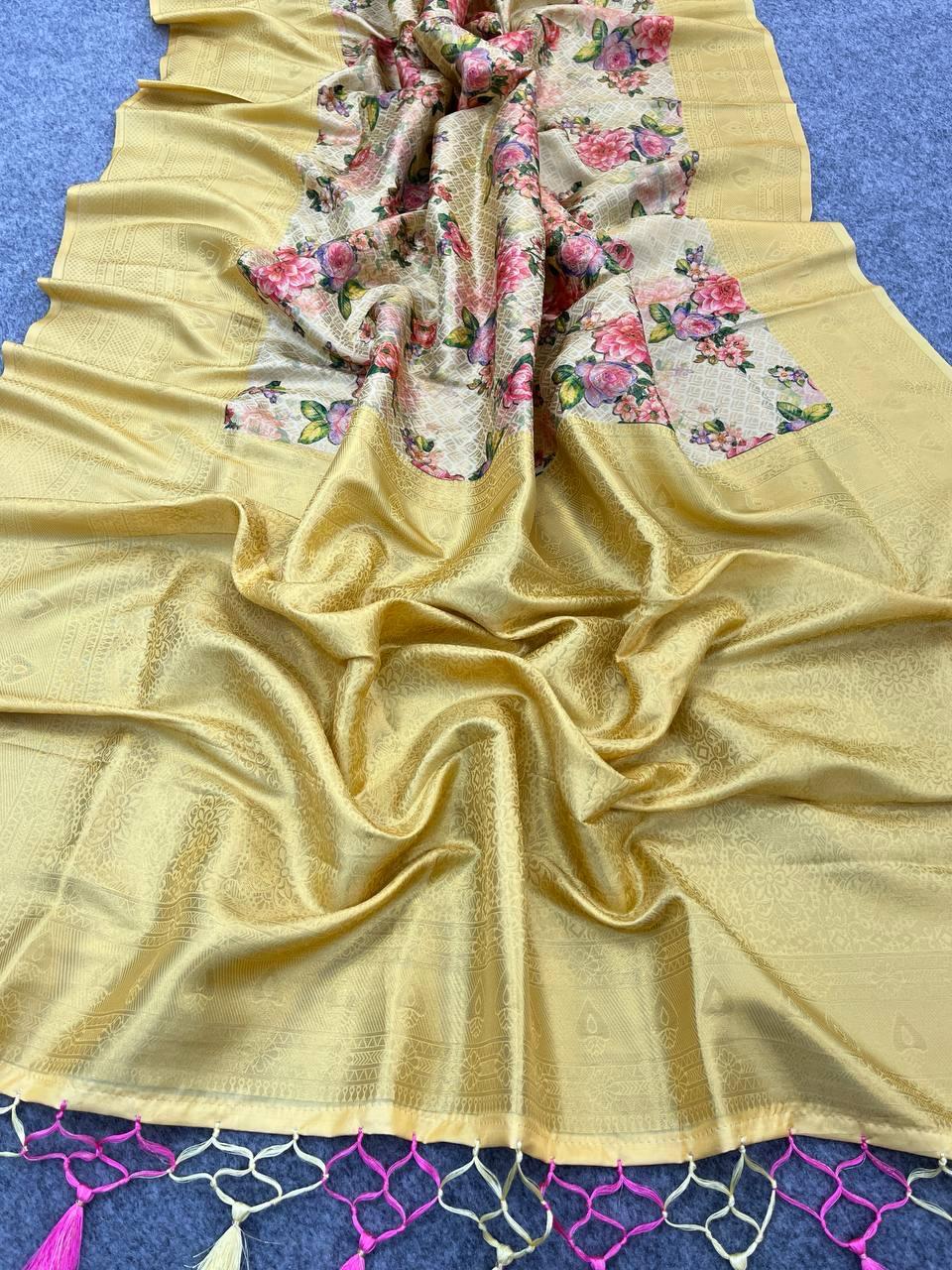 Seraglio Beige Digital Printed Soft Silk Saree With Aplomb Blouse Piece