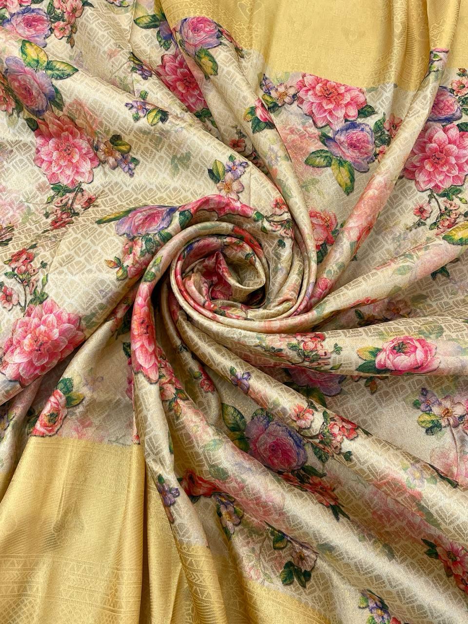 Seraglio Beige Digital Printed Soft Silk Saree With Aplomb Blouse Piece