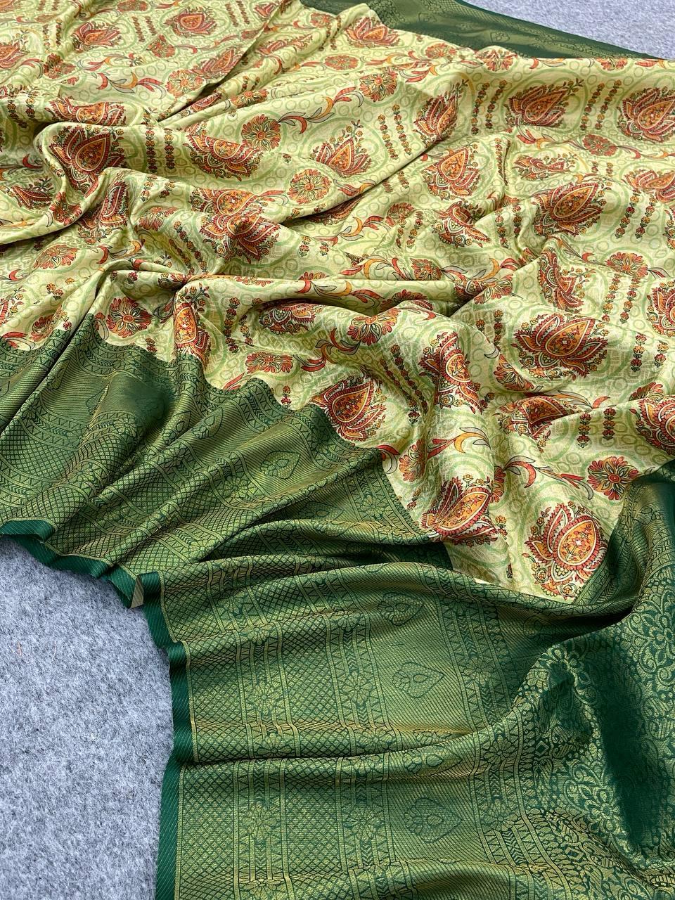 Quintessential Beige Digital Printed Soft Silk Saree With Quixotic Blouse Piece