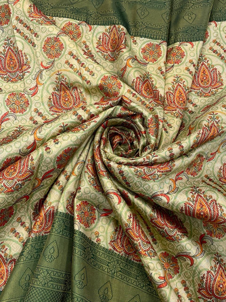 Quintessential Beige Digital Printed Soft Silk Saree With Quixotic Blouse Piece