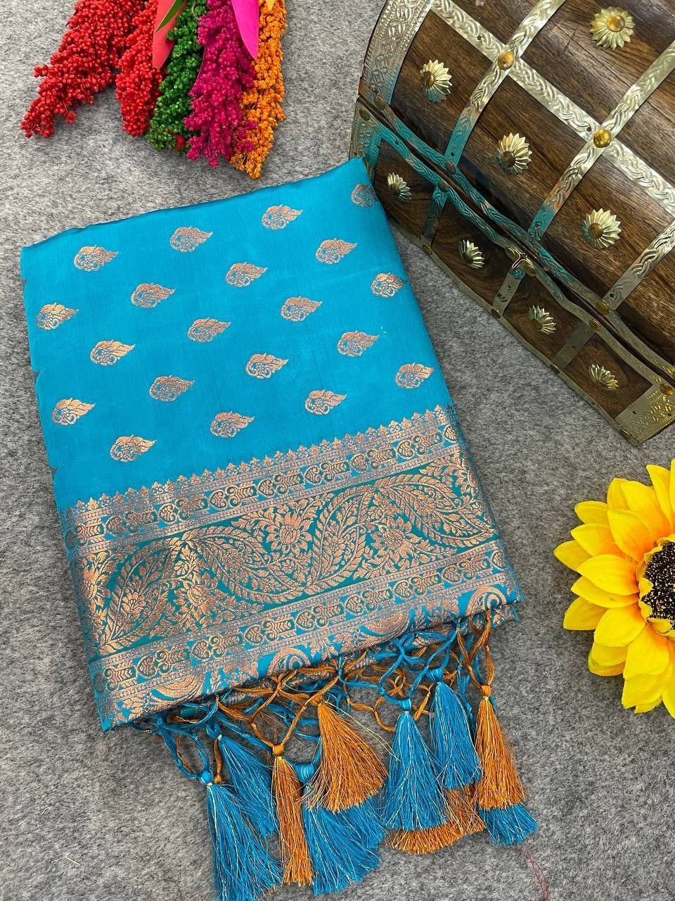 Enticing Firozi Soft Banarasi Silk Saree With Enchanting Blouse Piece