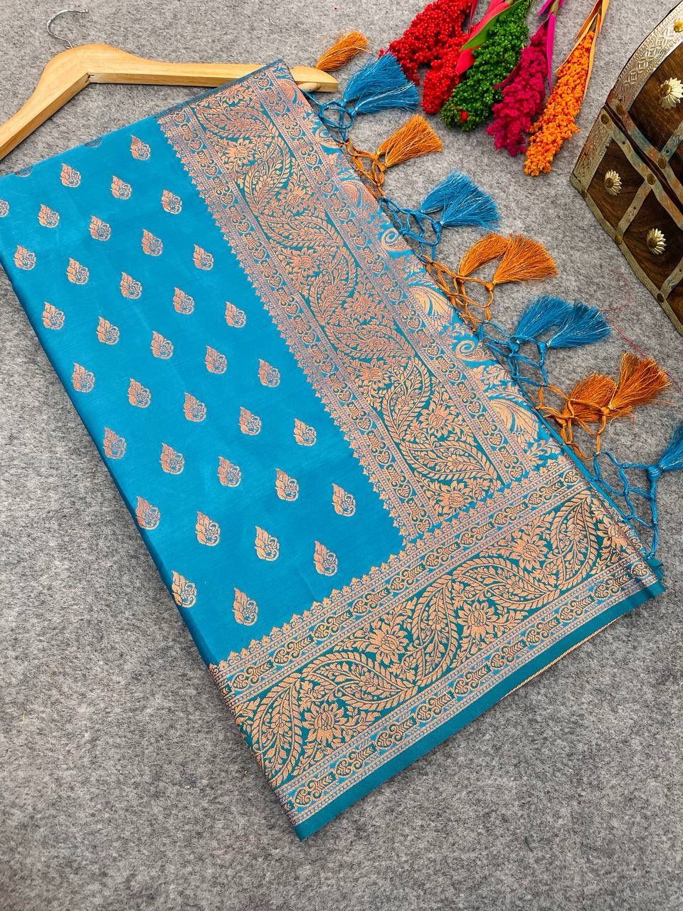 Enticing Firozi Soft Banarasi Silk Saree With Enchanting Blouse Piece