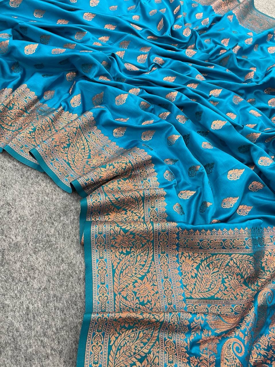 Enticing Firozi Soft Banarasi Silk Saree With Enchanting Blouse Piece