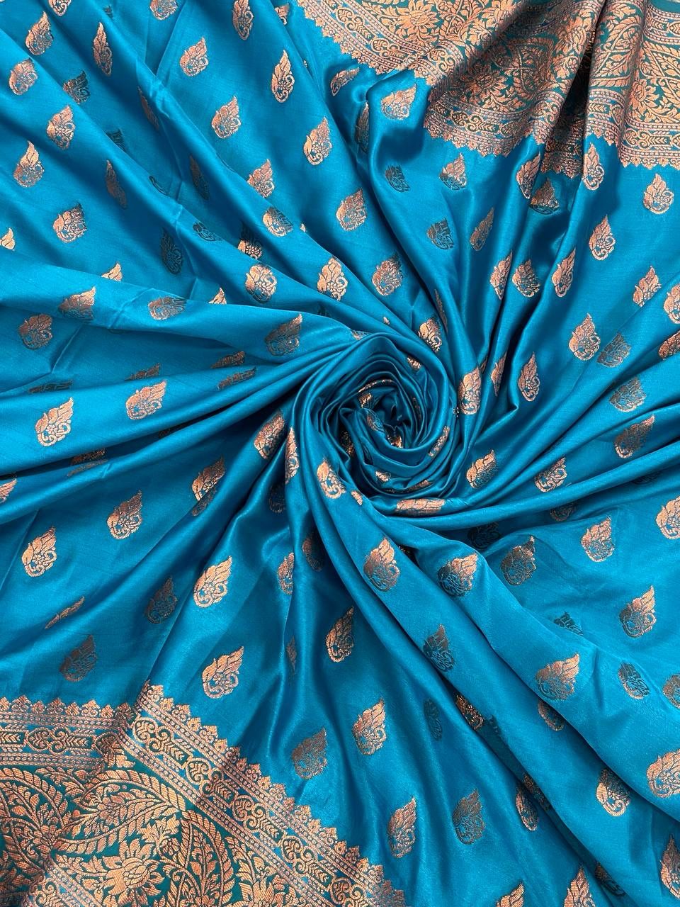 Enticing Firozi Soft Banarasi Silk Saree With Enchanting Blouse Piece