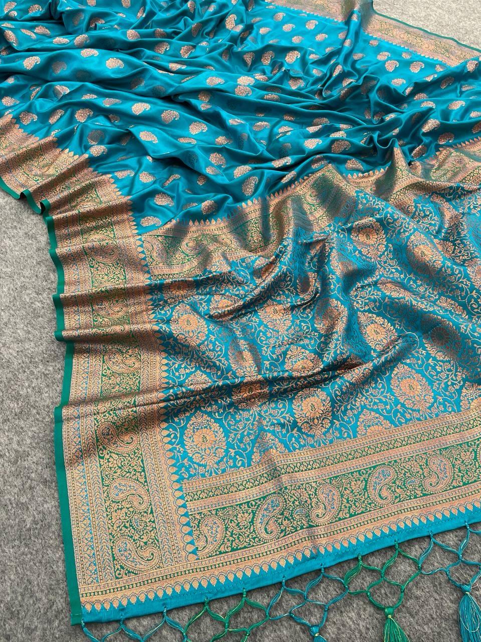 Entrancing extravagant Firozi Soft Banarasi Silk Saree With Rhapsodic Blouse Piece